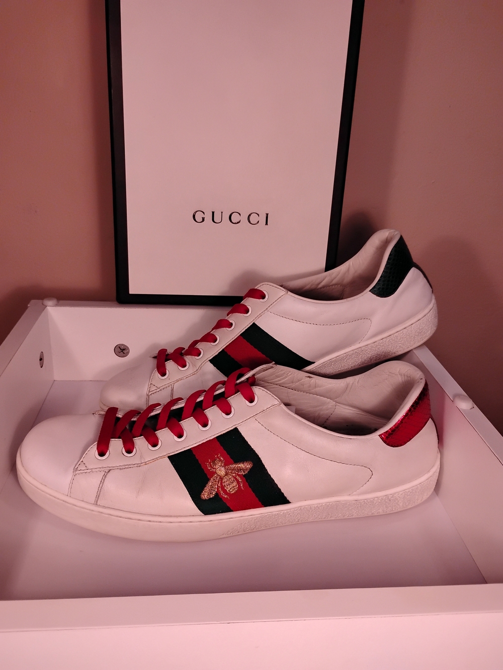Gucci White Leather Ace Sneaker with Red & Green Web and Bee Embroidery